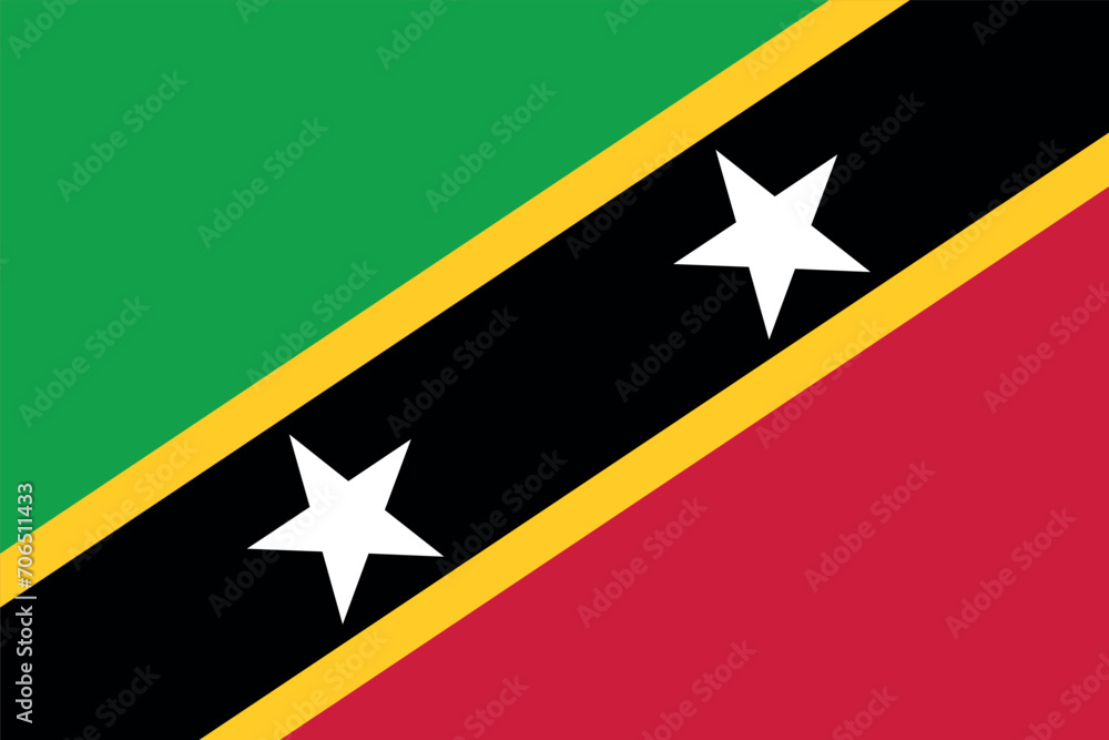 Flag of Saint Kitts and Nevis. Striped flag with two stars. State symbol of the Federation of Saint Kitts and Nevis. Flag of Saint Kitts and Nevis. Striped flag with two stars. State symbol of the Federation of Saint Kitts and Nevis.