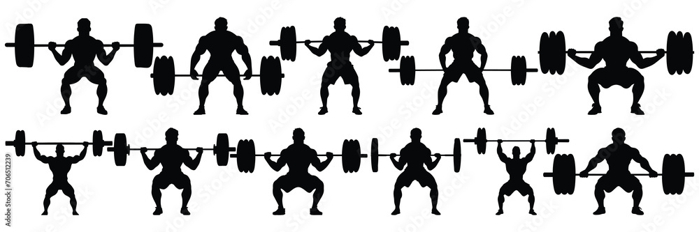 Bodybuilder fitness and gym silhouettes set, large pack of vector silhouette design, isolated white background - obrazy, fototapety, plakaty 