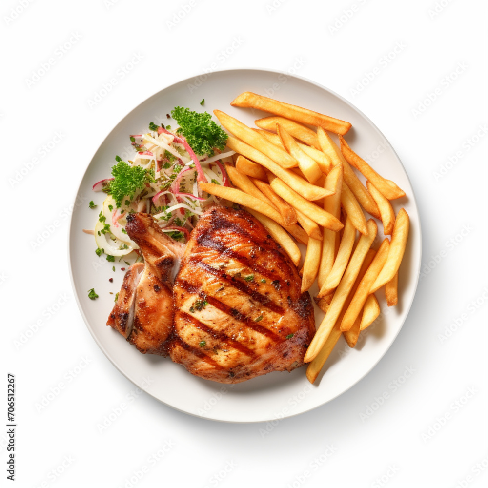 fotografia con detalle y textura de plato con pollo a la plancha y patatas fritas, sobre fondo de color blanco