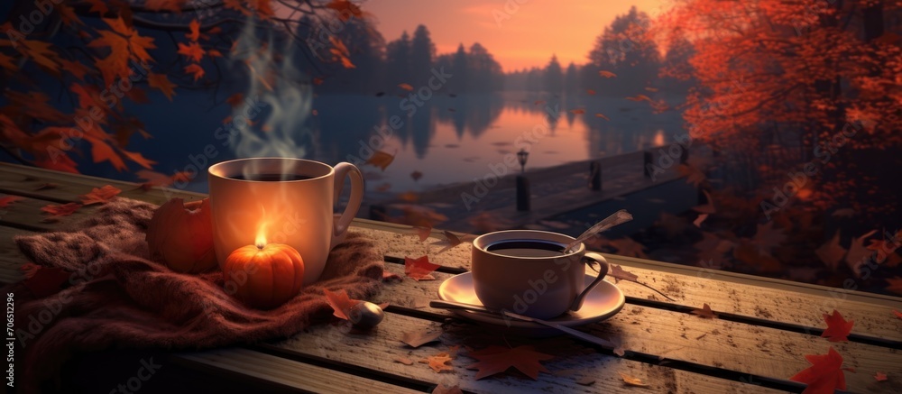 Obraz premium Cozy evening with a hot drink in autumn, filled with melancholy.