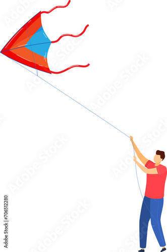 Man flying a colorful kite on a clear day. Recreational outdoor activity, leisure time. Outdoor fun and spring activities vector illustration.