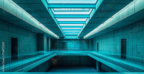 Modern minimal futuristic architectural with blue color interior background, marble floor