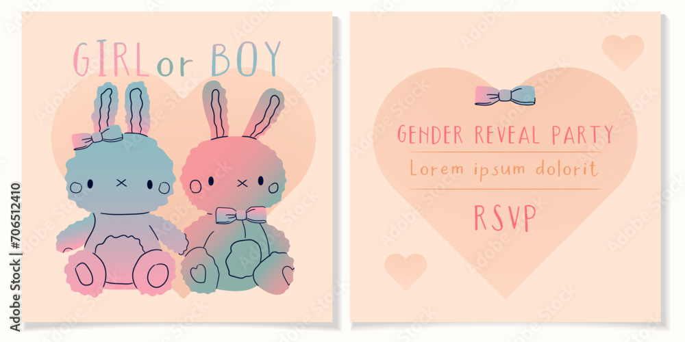 Gender Reveal banners girl or boy.iIvitation cards for baby and kids new born celebration,rsvp.Little rabbit bunny toys gradient color blue and pink. Vector illustration EPS 10