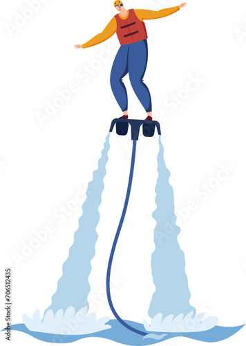 Man on flyboard above water with jets. Male in life jacket enjoying extreme water sports. Adventure and water activities vector illustration.