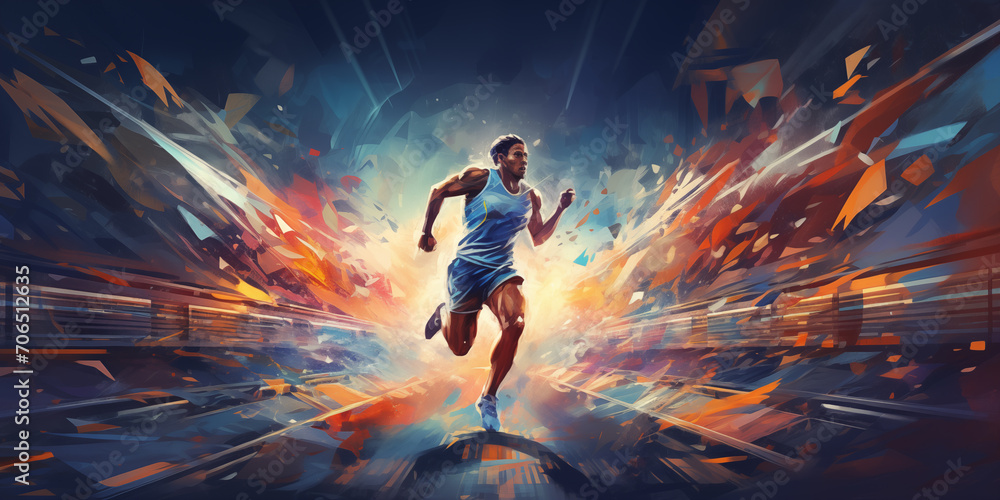 Artistic male athlete running fitness concept. Male runner abstract colorful art background.