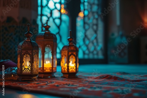 Ramadan Kareem Arabic lantern with bokeh burning candle glowing at night ai generative