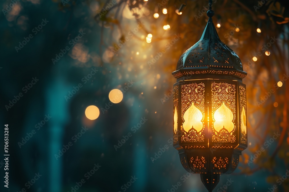 Ramadan Kareem Arabic lantern with bokeh burning candle glowing at night ai generative Ramadan Kareem Arabic lantern with bokeh burning candle glowing at night ai generative