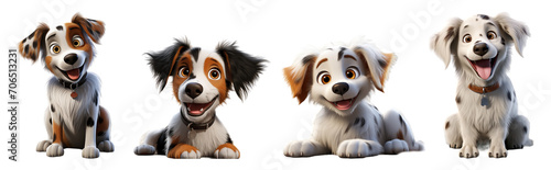 collection of portraits of cute dogs in relaxed sitting poses, realistic 3d illustration isolated on transparent background, generative ai