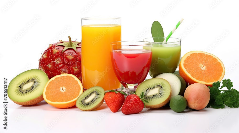 Glass of colorful healthy fresh drink from fruit and vegetables.arrangement of colorful fresh fruit around the glass. white background Glass of colorful healthy fresh drink from fruit and vegetables.arrangement of colorful fresh fruit around the glass. white background