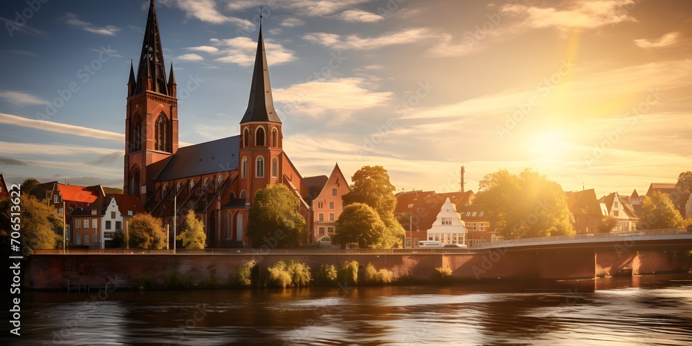 Church in german city Dieburg at sunlight - obrazy, fototapety, plakaty 
