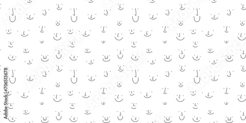 Black and white smiling face cartoon doodle seamless pattern. Funny retro smile faces background illustration. Vintage character wallpaper, fun monochrome texture print.	