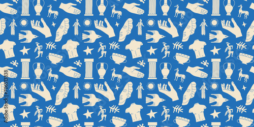 Ancient greek statue and classic vintage monument seamless pattern. Blue greece culture background illustration. Historical flat cartoon drawing.