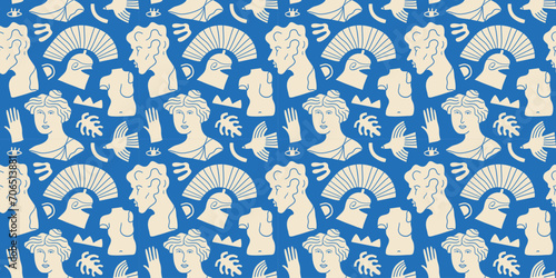 Ancient greek statue and classic vintage monument seamless pattern. Blue greece culture background illustration. Historical flat cartoon drawing.