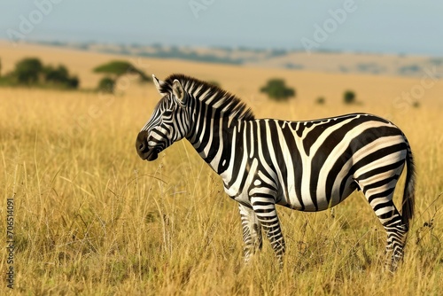 Zebra Posing on the Savannah Plains at Midday. Generative AI.