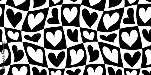 Black and white love heart seamless pattern illustration. Checkered romantic hearts background print. Valentine's day holiday backdrop texture, romantic wedding design.	