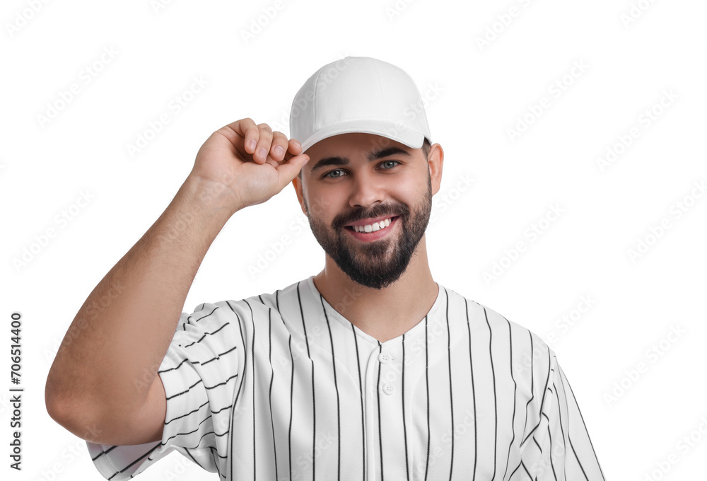 Man in stylish baseball cap on white background Man in stylish baseball cap on white background
