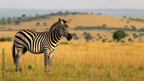 Zebra Contemplating on the Vast African Plains at Dusk. Generative AI.