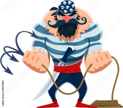 Cartoon pirate sailor character with a menacing bearded face brandishes a grappling hook, ready for adventure on the high seas. Isolated vector swashbuckling, adventurous buccaneer in vest and bandana