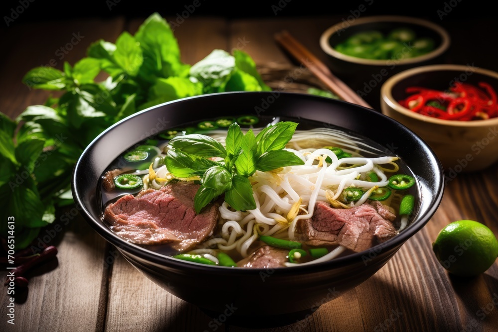 Bowl of Pho Noodle Soup With Meat and Vegetables, A steaming bowl of Vietnamese pho with fresh herbs, AI Generated Bowl of Pho Noodle Soup With Meat and Vegetables, A steaming bowl of Vietnamese pho with fresh herbs, AI Generated