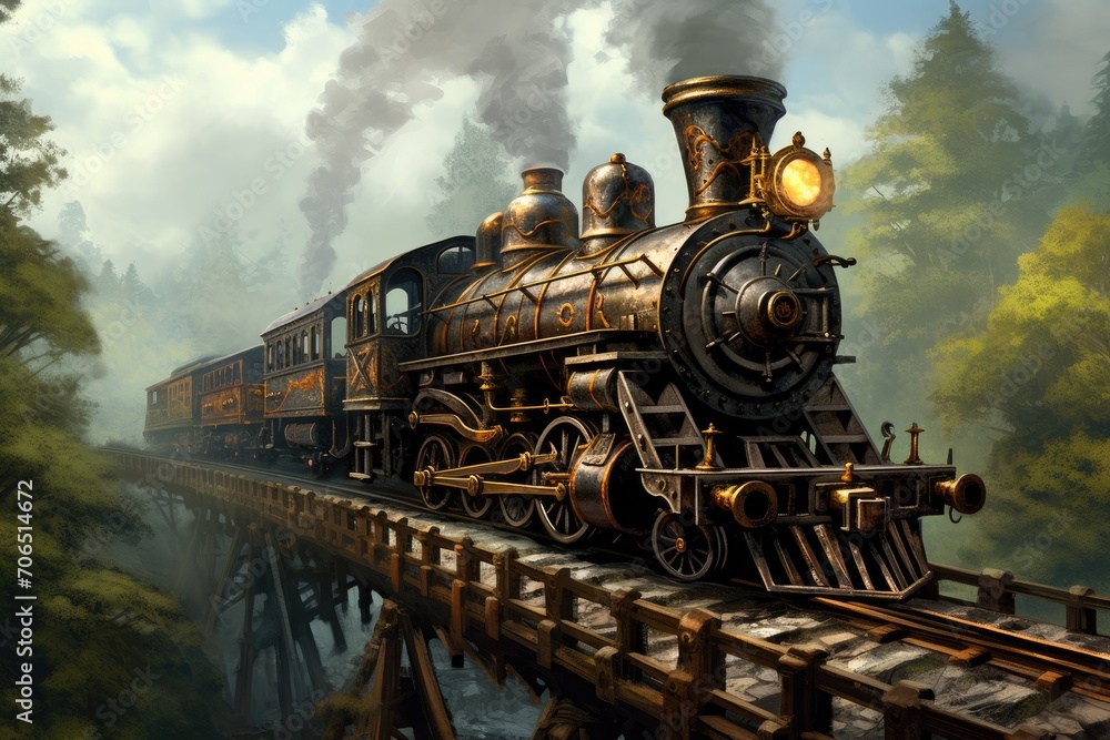 An artistic depiction of a steam train crossing a bridge, capturing the nostalgia and grandeur of an era gone by, A steampunk-inspired locomotive crossing a trestle bridge, AI Generated - obrazy, fototapety, plakaty 