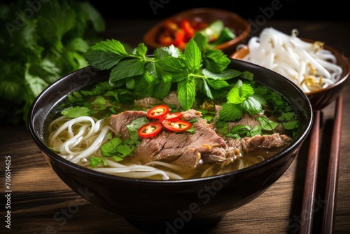 A mouthwatering bowl of beef pho noodle soup served with chopsticks, featuring a savory Vietnamese broth and thin rice noodles, A steaming bowl of Vietnamese pho with fresh herbs, AI Generated