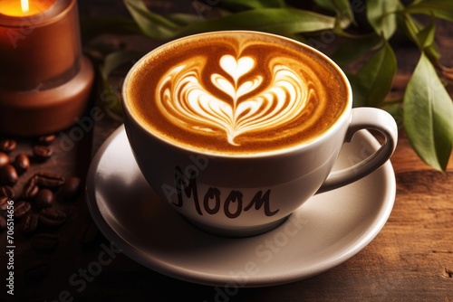 A cup of coffee sits on a saucer beside an ambient candle, creating a cozy and inviting atmosphere, A steaming cup of coffee with 'Mom' written in latte art for Mothers Day, AI Generated