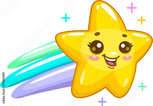 Cartoon cute kawaii star or twinkle personage character, vector funny emoji. Kids mascot or emoticon smile of star with happy face flying in sky with morning twinkling stars, isolated character