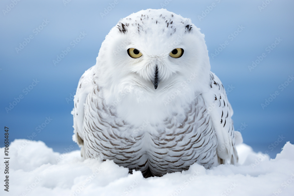 Snowy owl, Bubo scandiacus, isolated sitting on the snow Snowy owl, Bubo scandiacus, isolated sitting on the snow
