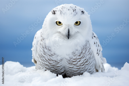 Snowy owl, Bubo scandiacus, isolated sitting on the snow
