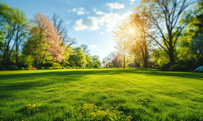 Vibrant spring nature backdrop with a pristine, neatly trimmed lawn and lush trees under a clear blue sky adorned with soft clouds on a sunny day
