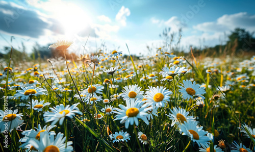 Sun-kissed, flowering daisy field with a vibrant display of white petals and yellow centers surrounded by lush green grass under a blue sky