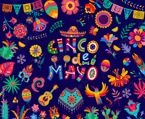 Cinco de mayo mexican holiday flyer. Cartoon vector banner with lettering and festive items for celebration. Guitar, maracas, cactus and poncho. Sombrero, hummingbird in traditional alebrije style