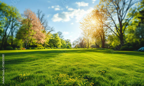 Vibrant spring nature backdrop with a pristine  neatly trimmed lawn and lush trees under a clear blue sky adorned with soft clouds on a sunny day