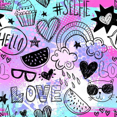 Abstract drawing pattern.Fashion illustration drawing with text slogan, graffiti. Girlish  teen print