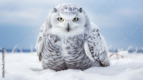 Snowy owl, Bubo scandiacus, isolated sitting on the snow © Alicia
