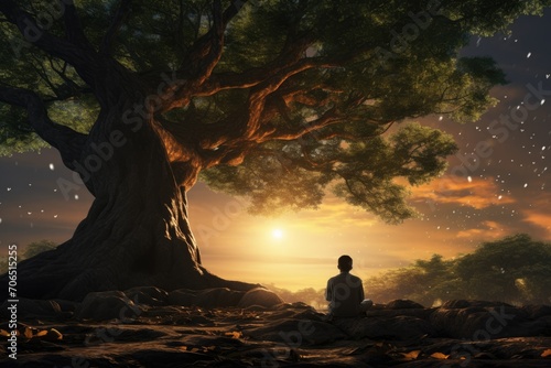 A man peacefully sitting under a tree, enjoying the serene surroundings of a vast field, A student studying alone under a large tree, AI Generated