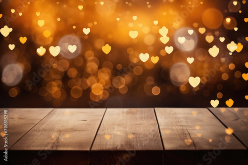 Wooden table with heart bokeh background. Valentines day background.