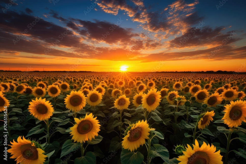 A breathtaking sight of a vast field of sunflowers with the sun setting in the background, A sunflower field stretching into the horizon, AI Generated