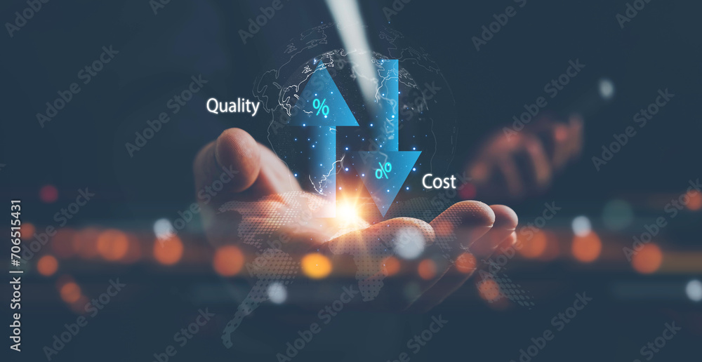 Cost and quality control, Control Quality and cost optimization for products or services to improve customer satisfaction,enhance company performance. Successful corporate strategy, quality control. - obrazy, fototapety, plakaty 