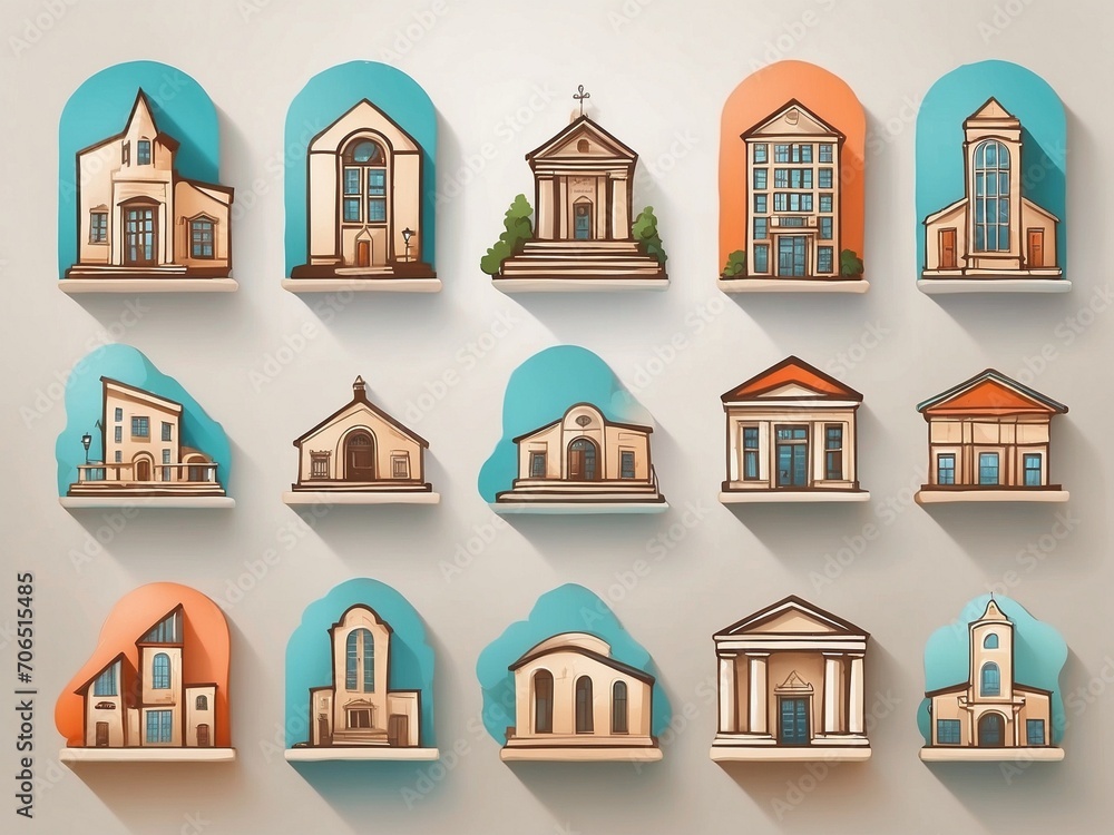 A collection of simple icons on an architectural theme with a variety of color and model choices 