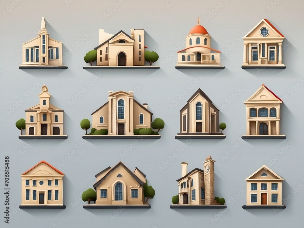 A collection of simple icons on an architectural theme with a variety of color and model choices 