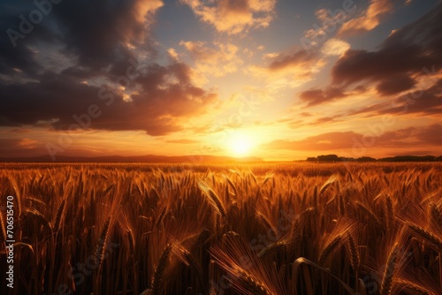 Sun Setting Over Wheat Field, Serene Rural Landscape With Golden Skies, A sun-kissed wheat field stretching toward a dusky horizon, AI Generated © Iftikhar alam