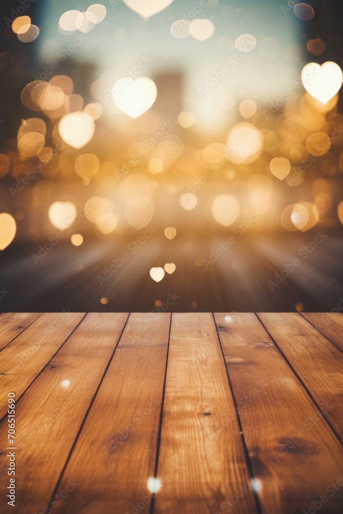 Wooden floor against bokeh of city with heart shaped lights.