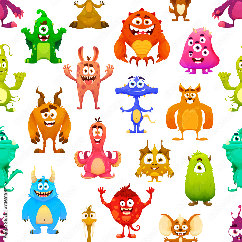 Obraz premium Cartoon monster characters seamless pattern, vector background with funny alien creatures. Cute bizarre monsters pattern of happy smiling mutants, goblin yeti or bigfoot, furry cyclops and gremlin