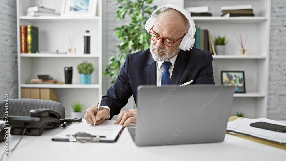 A mature businessman in headphones works at his laptop in a modern office, writing notes.