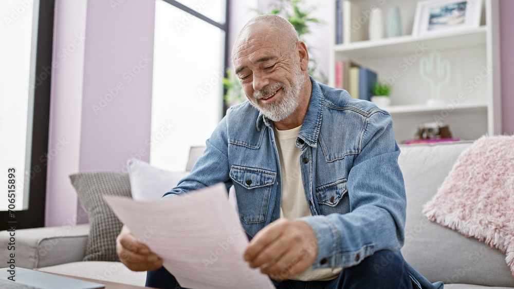 A smiling senior man with beard, reading a paper in a cozy living room, conveying a relaxed, homey atmosphere. A smiling senior man with beard, reading a paper in a cozy living room, conveying a relaxed, homey atmosphere.