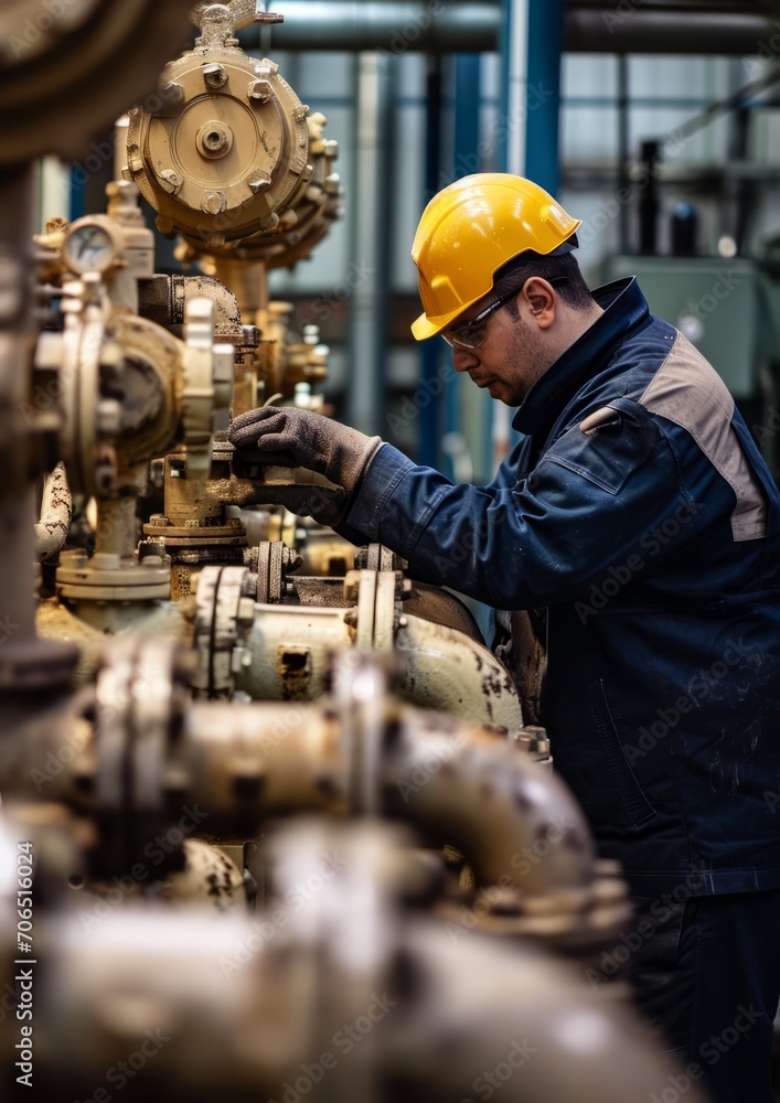 Skilled Worker Adjusting Factory Valves.
Industrial worker with hard hat at valve control panel. Skilled Worker Adjusting Factory Valves.
Industrial worker with hard hat at valve control panel.
