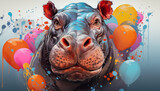 Hippopotamus head with creative colorful floral and spalsh elements on white background