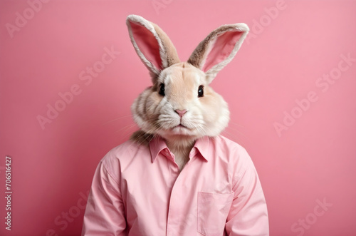 Man dressed as Easter bunny and pink clothing isolated on pink background, festive template,  copy space text © Karlo