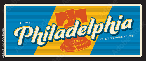 Philadelphia city, metal plaque travel plate, tourist destination sticker. United States of America city retro postcard, tin sign or USA voyage vector banner with liberty Bell